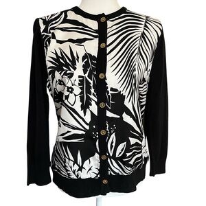 Lauren Ralph Lauren Silk Cashmere Cardigan Sweater Black White Floral Medium